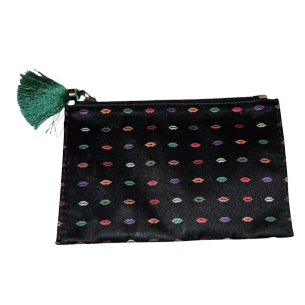 J Crew Make Up Bag Black with Lip Design Pattern & Tassle